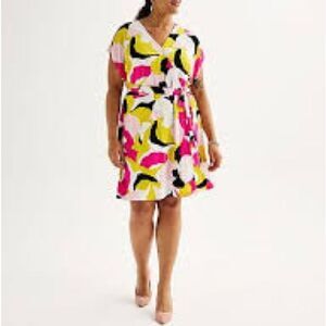 Nine West Plus Size Dolman Sleeves White, Black & Pink Wrap V-neck Sundress 2X